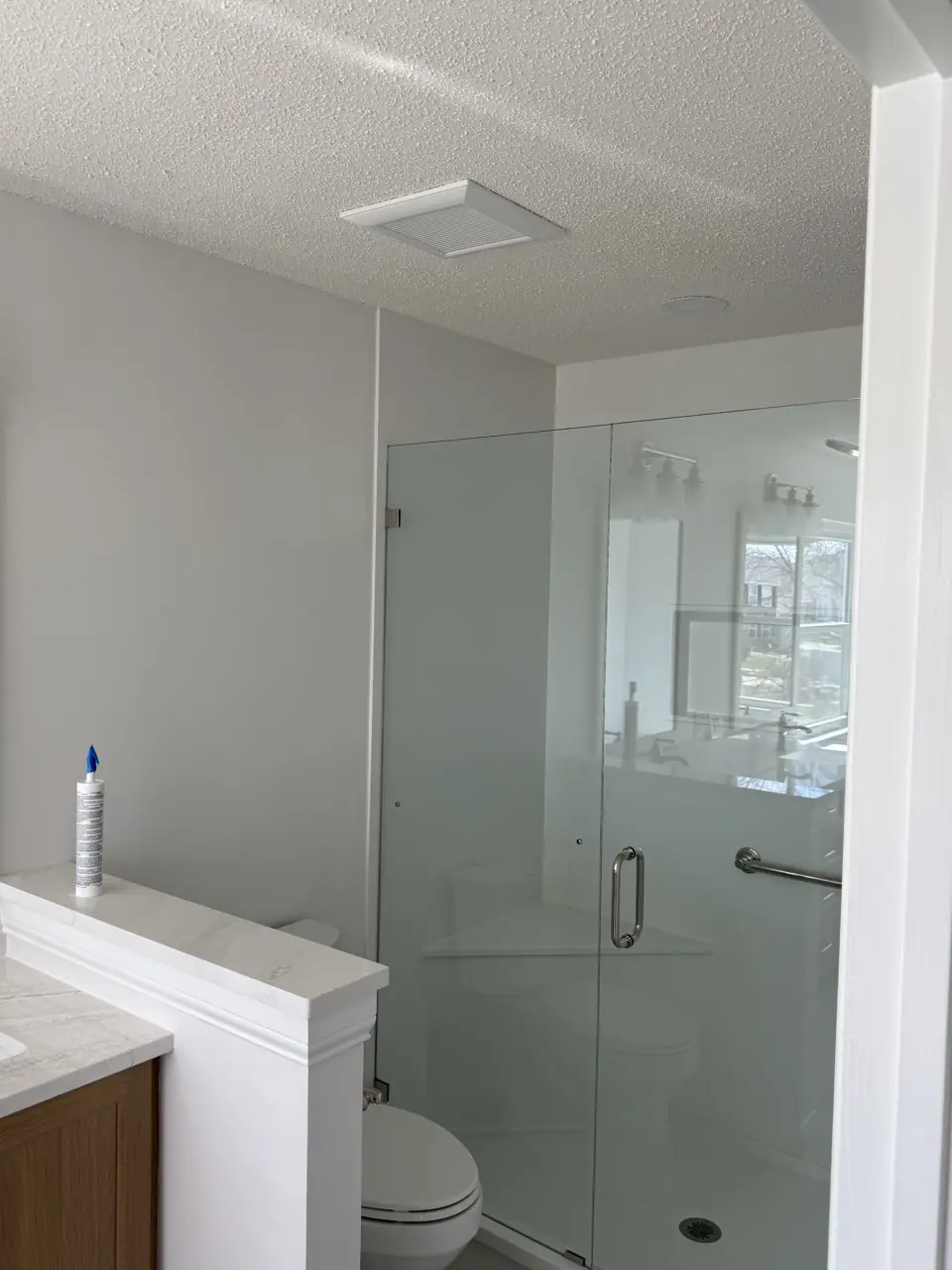 Frameless glass shower enclosure beside a toilet alcove in a newly finished bathroom